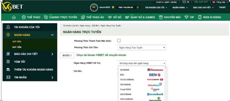 Nạp tiền V9BET thông qua ngân hàng điện tử