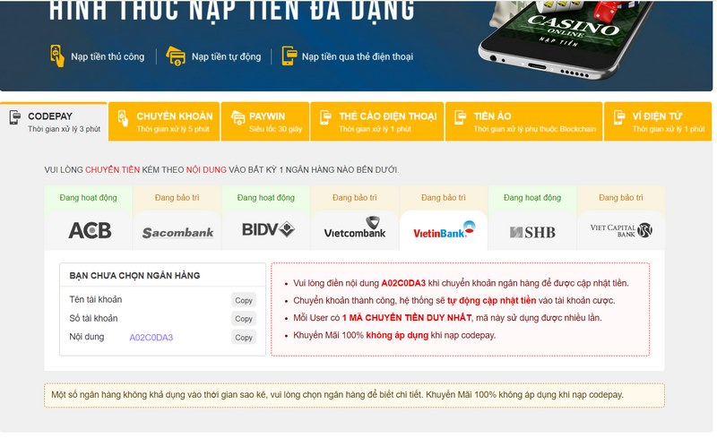 Phương thức nạp tiền FIVE88 đang triển khai