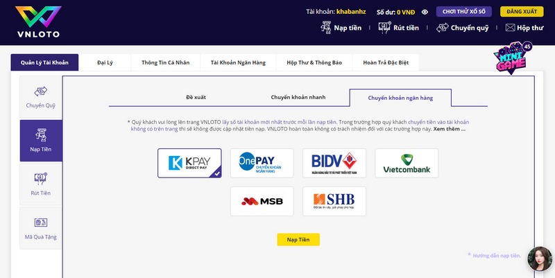 Hướng dẫn thao tác nạp tiền vào tài khoản VNLOTO