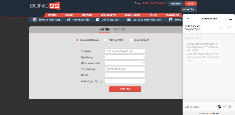 Anh em có thể yên tâm nạp tiền tại Bong99 chỉ mất vài phút