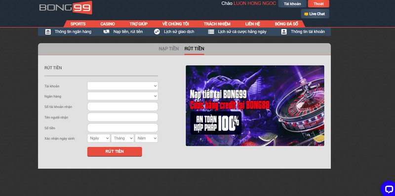 Rút tiền về túi chỉ cần hoàn thành vài thao tác tại nhà cái