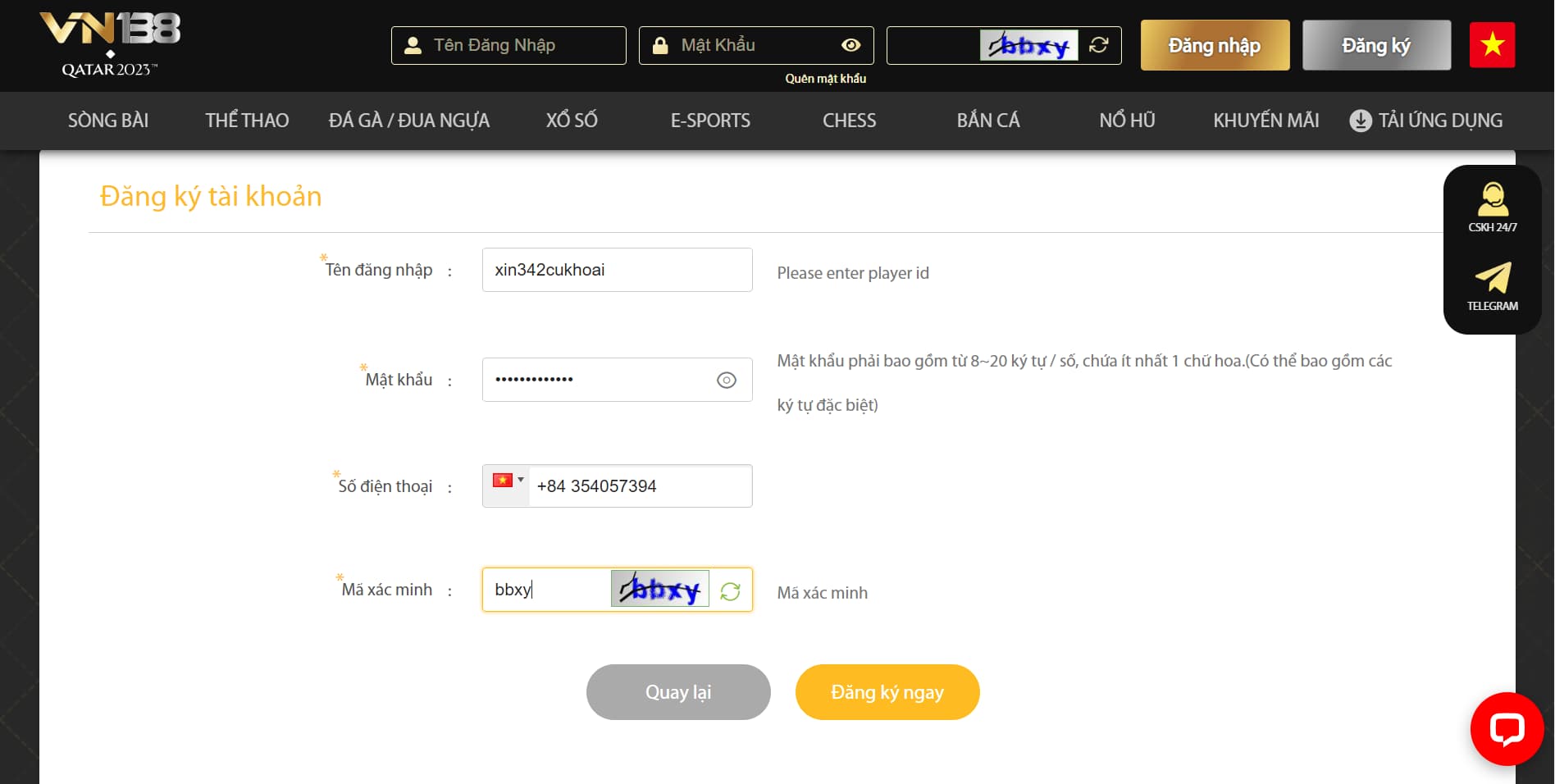 Hướng dẫn tạo tài khoản VN138