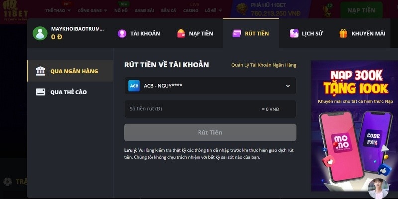 Rút tiền 11BET qua mọi phương thức cực đơn giản