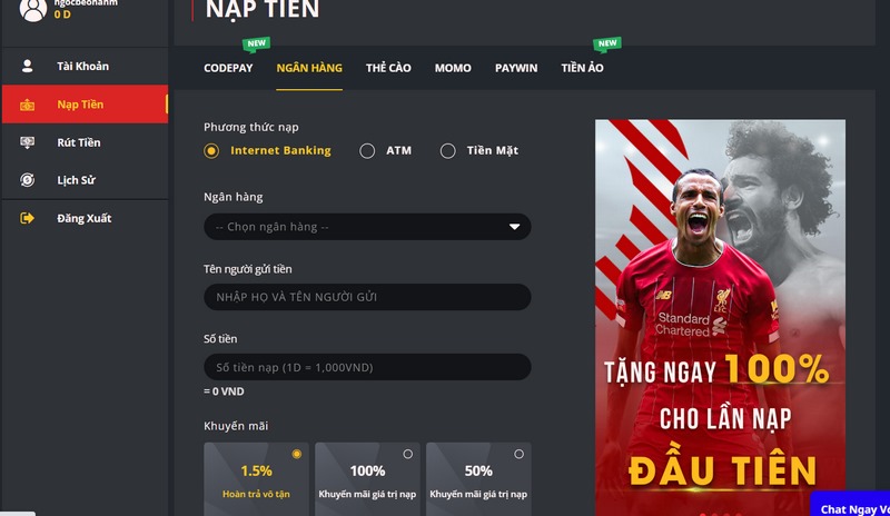 Nạp tiền Dabet qua ngân hàng cũng khá đơn giản, không mất nhiều thời gian