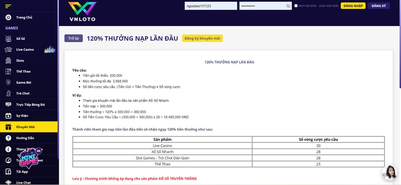 Khuyến mãi Vnloto 120% nạp lần đầu dành cho mọi khách chơi`