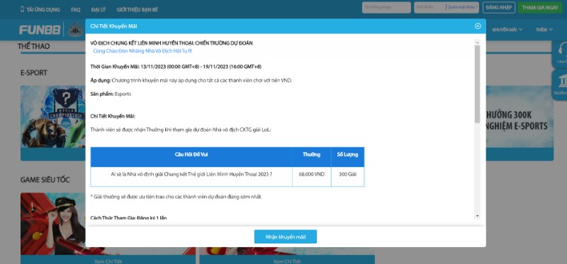 Khuyến mãi tại Fun88 dành cho anh em dự đoán nhà vô địch LOL 
