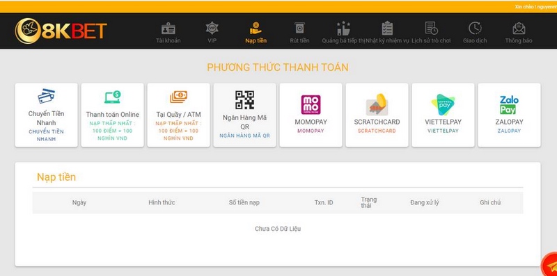 Phương thức thanh toán tại nhà cái 8KBet rất đa dạng