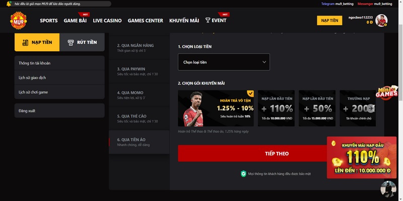 Nạp tiền MU9 thông qua hình thức tiền ảo