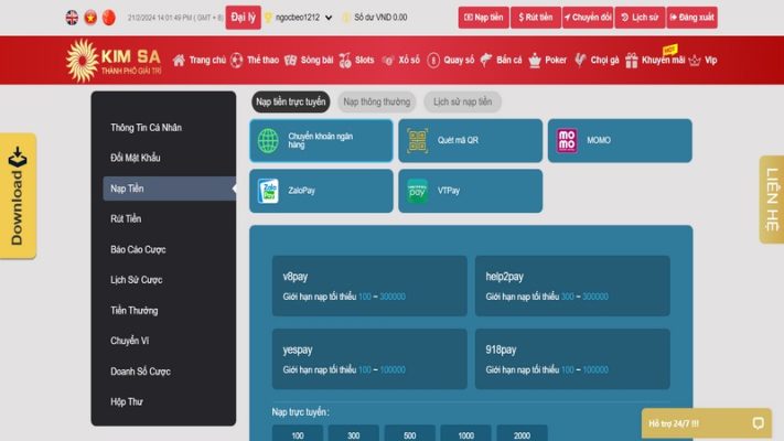Kênh giải trí hỗ trợ đa dạng phương thức thanh toán 24/24